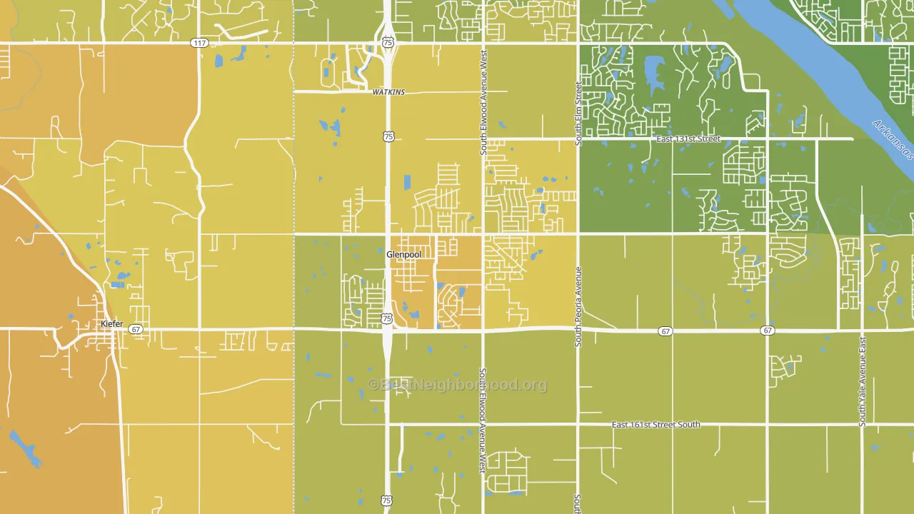 Map of the best neighborhoods in the Glenpool area, with better matches in green and worse matches in red