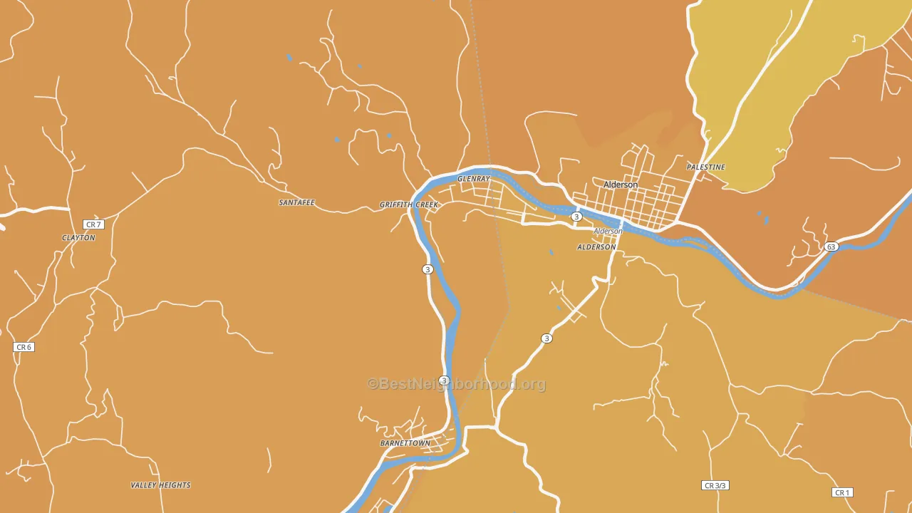 Map of the best neighborhoods in the Glenray area, with better matches in green and worse matches in red