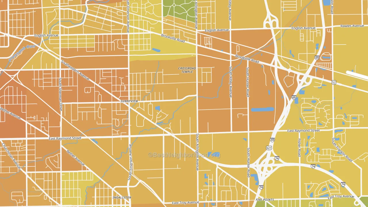 Map of the best neighborhoods in the Glenroy Village, Indianapolis area, with better matches in green and worse matches in red