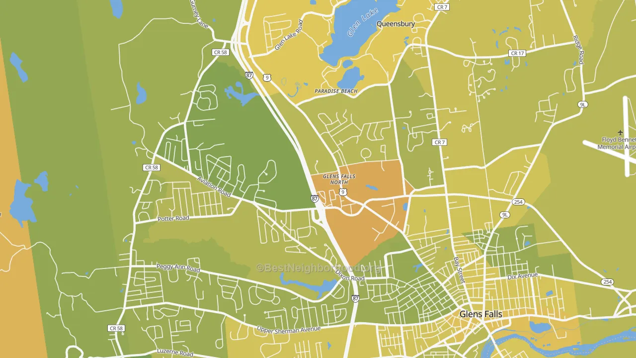 Map of the best neighborhoods in the Glens Falls North area, with better matches in green and worse matches in red