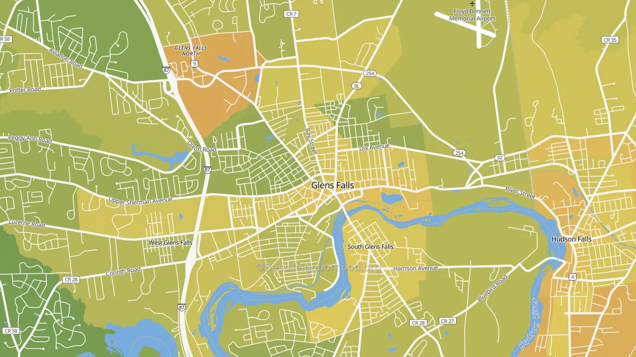 Map of the best neighborhoods in the Glens Falls Metro area, with better matches in green and worse matches in red
