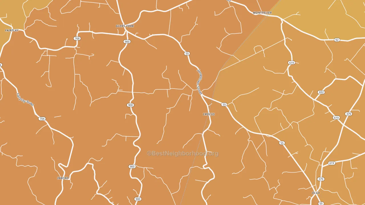 Map of the best neighborhoods in the Glens Fork area, with better matches in green and worse matches in red