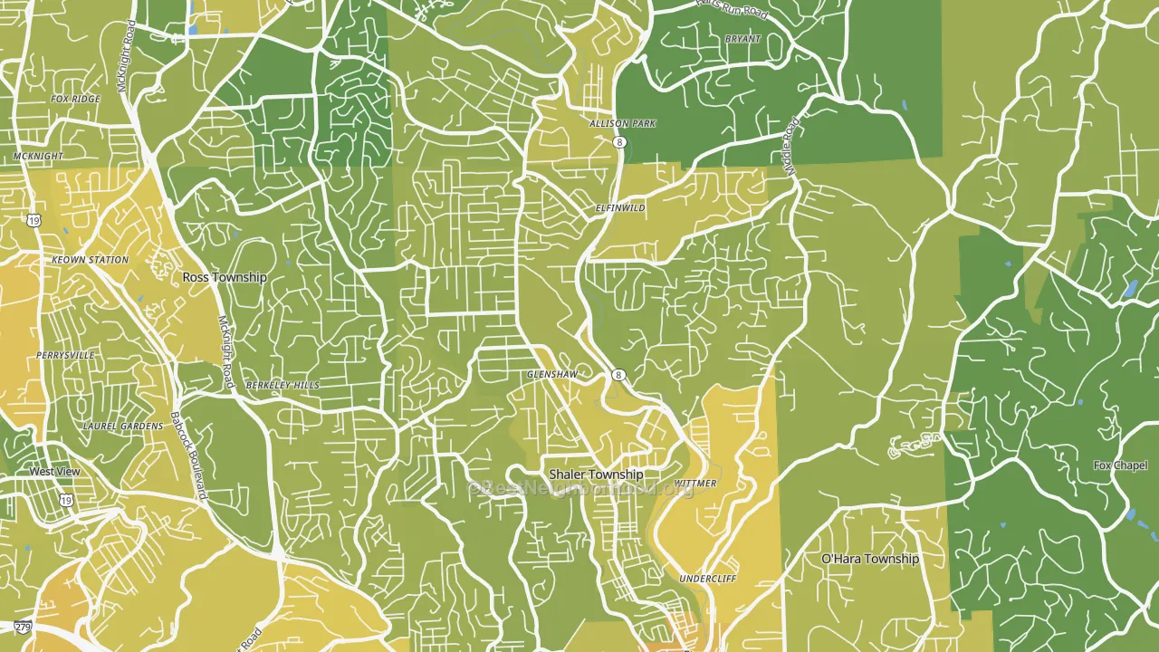 Map of the best neighborhoods in the Glenshaw area, with better matches in green and worse matches in red