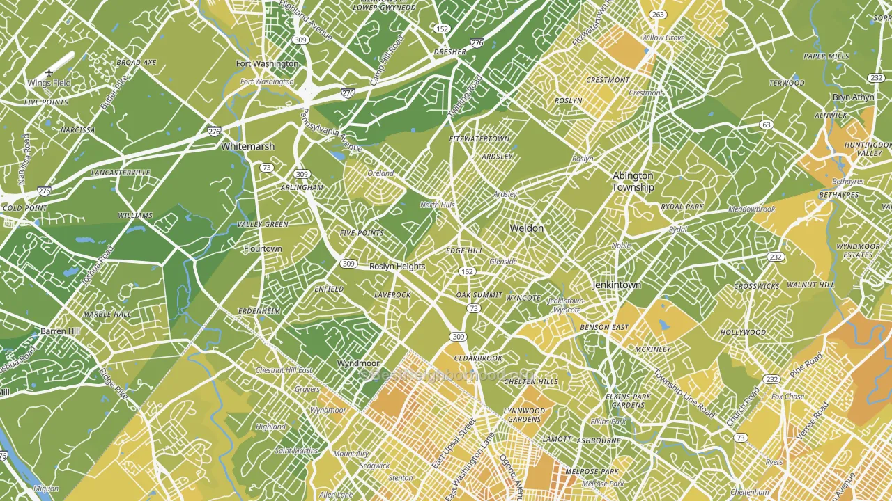 Map of the best neighborhoods in the Glenside area, with better matches in green and worse matches in red