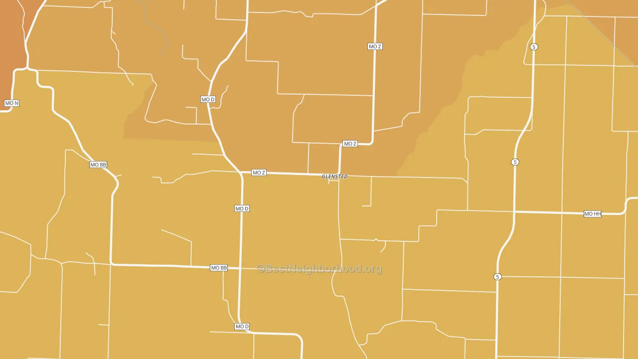 Map of the best neighborhoods in the Glensted area, with better matches in green and worse matches in red