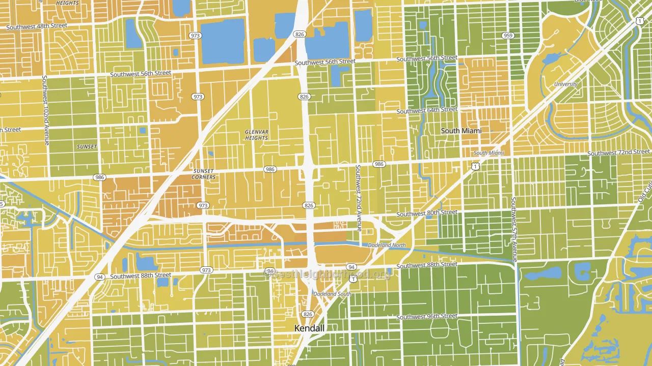 Map of the best neighborhoods in the Glenvar Heights area, with better matches in green and worse matches in red