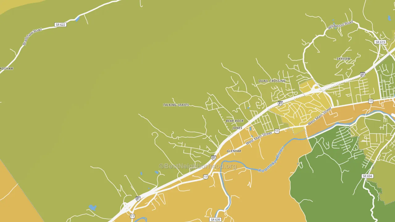 Map of the best neighborhoods in the Glenvar area, with better matches in green and worse matches in red