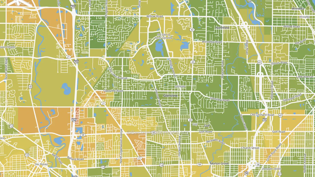 Map of the best neighborhoods in the Glenview area, with better matches in green and worse matches in red