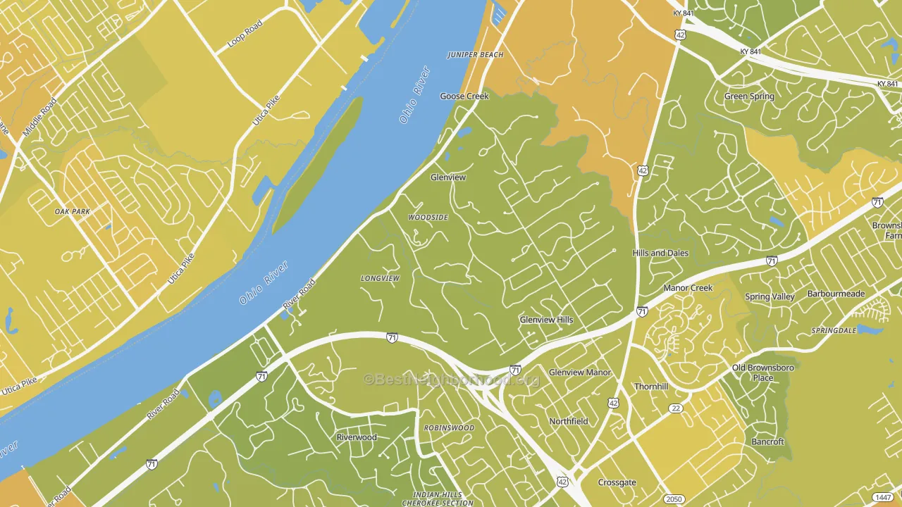 Map of the best neighborhoods in the Glenview area, with better matches in green and worse matches in red