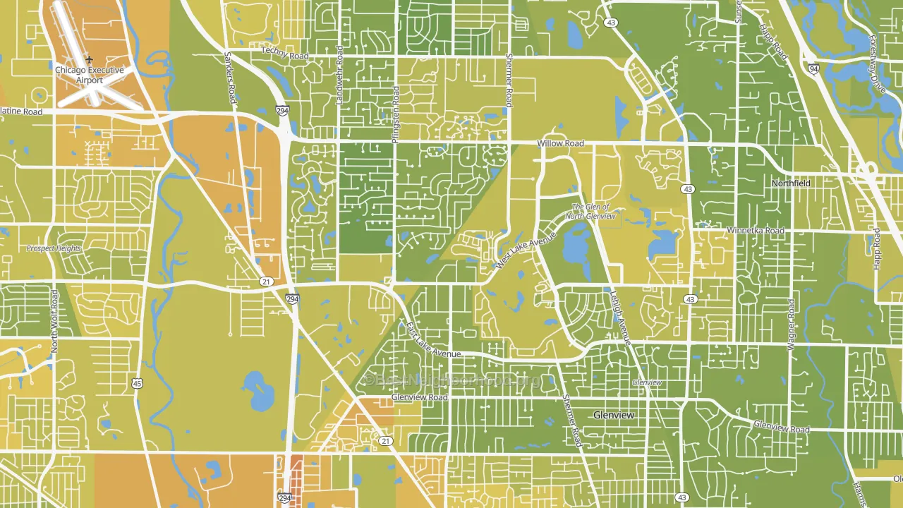 Map of the best neighborhoods in the Glenview Nas area, with better matches in green and worse matches in red