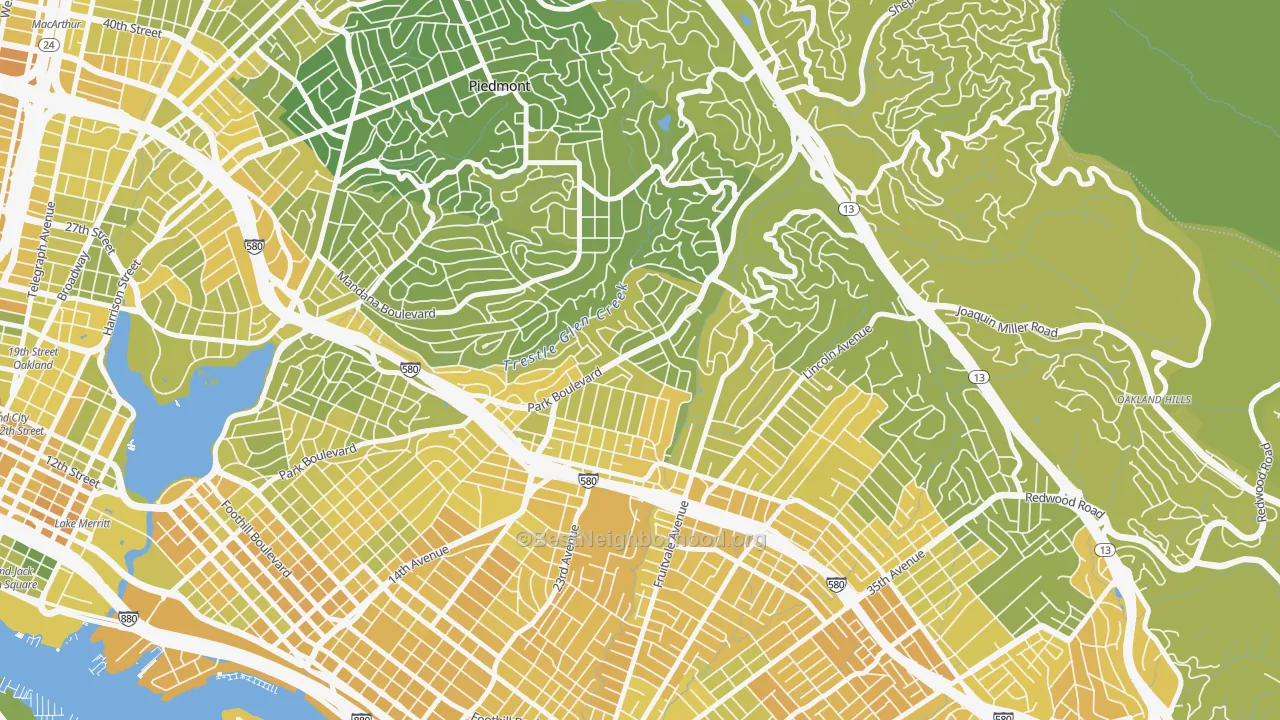 Map of the best neighborhoods in the Glenview, Oakland area, with better matches in green and worse matches in red