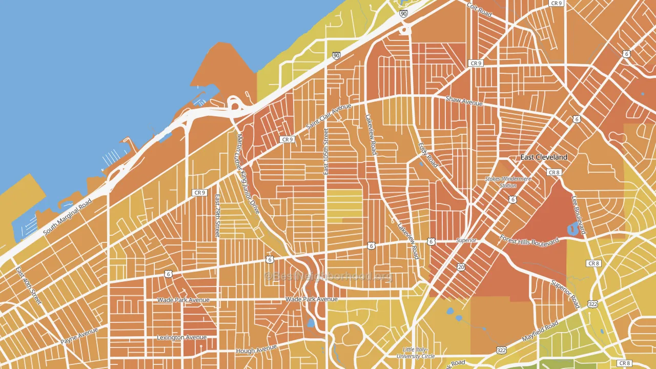 Map of the best neighborhoods in the Glenville, Cleveland area, with better matches in green and worse matches in red