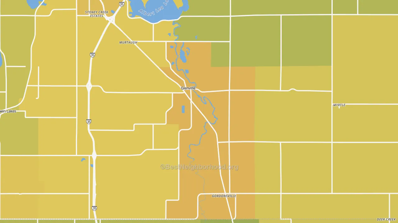 Map of the best neighborhoods in the Glenville area, with better matches in green and worse matches in red