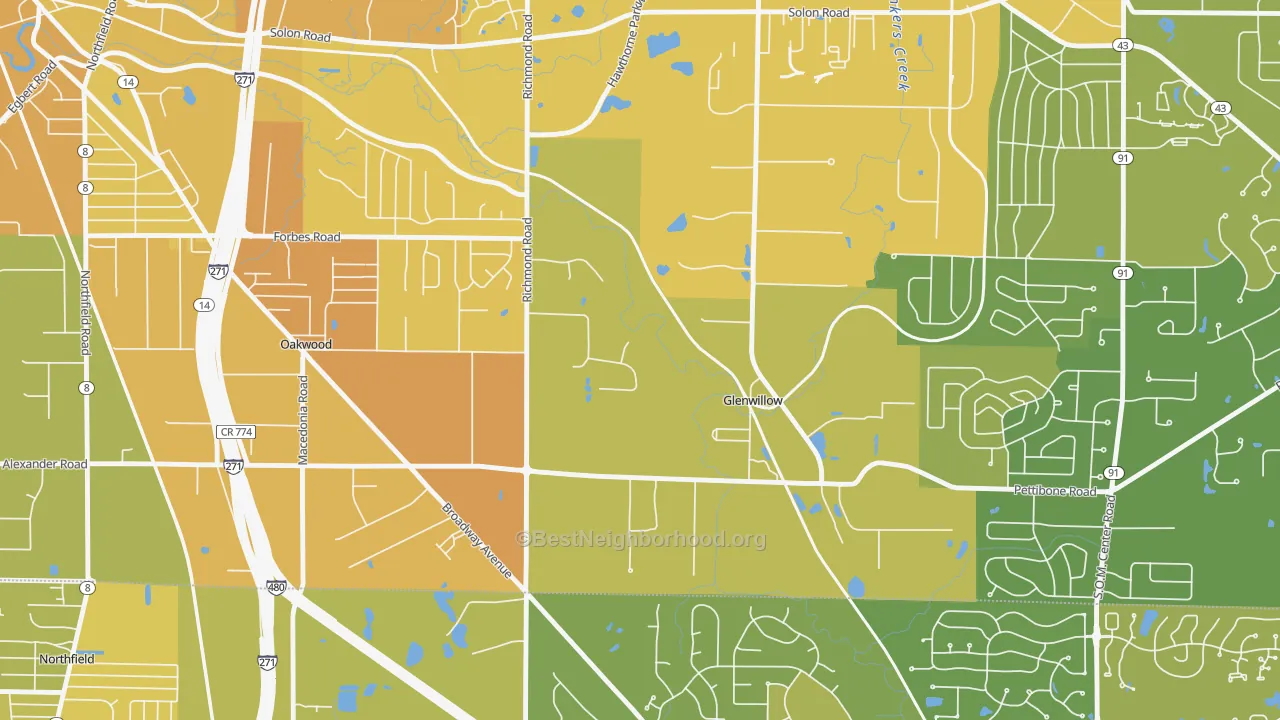 Map of the best neighborhoods in the Glenwillow area, with better matches in green and worse matches in red