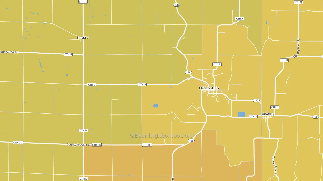 Map of the best neighborhoods in the Glenwood City area, with better matches in green and worse matches in red