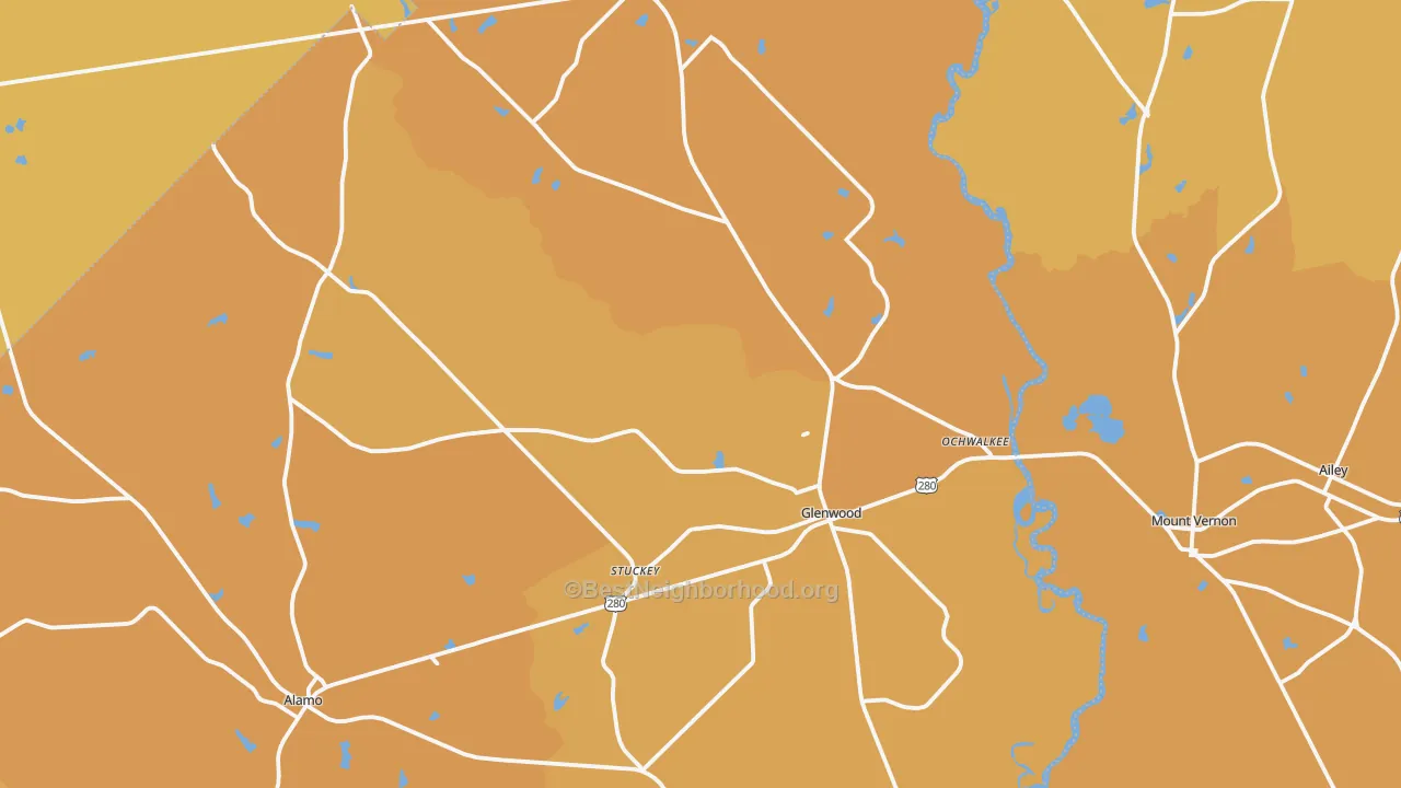 Map of the best neighborhoods in the Glenwood area, with better matches in green and worse matches in red