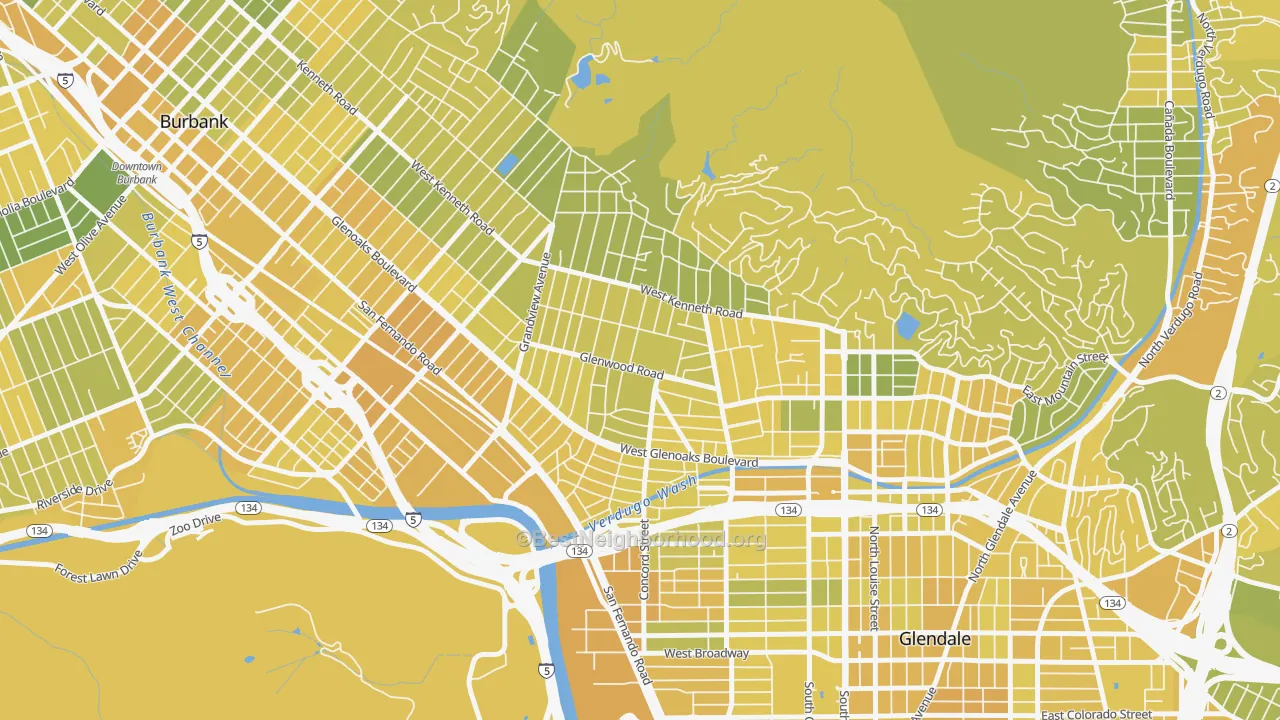 Map of the best neighborhoods in the Glenwood, Glendale area, with better matches in green and worse matches in red
