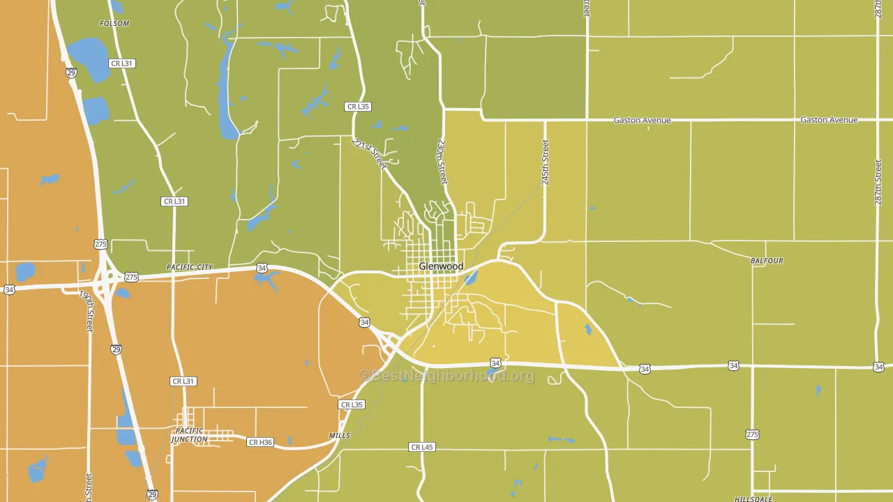 Map of the best neighborhoods in the Glenwood area, with better matches in green and worse matches in red