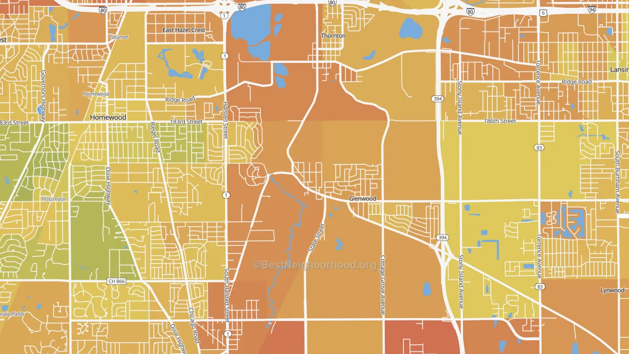 Map of the best neighborhoods in the Glenwood area, with better matches in green and worse matches in red