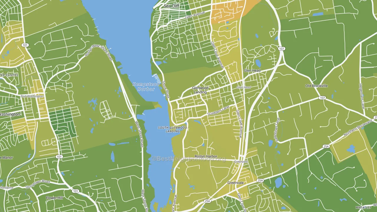 Map of the best neighborhoods in the Glenwood Landing area, with better matches in green and worse matches in red