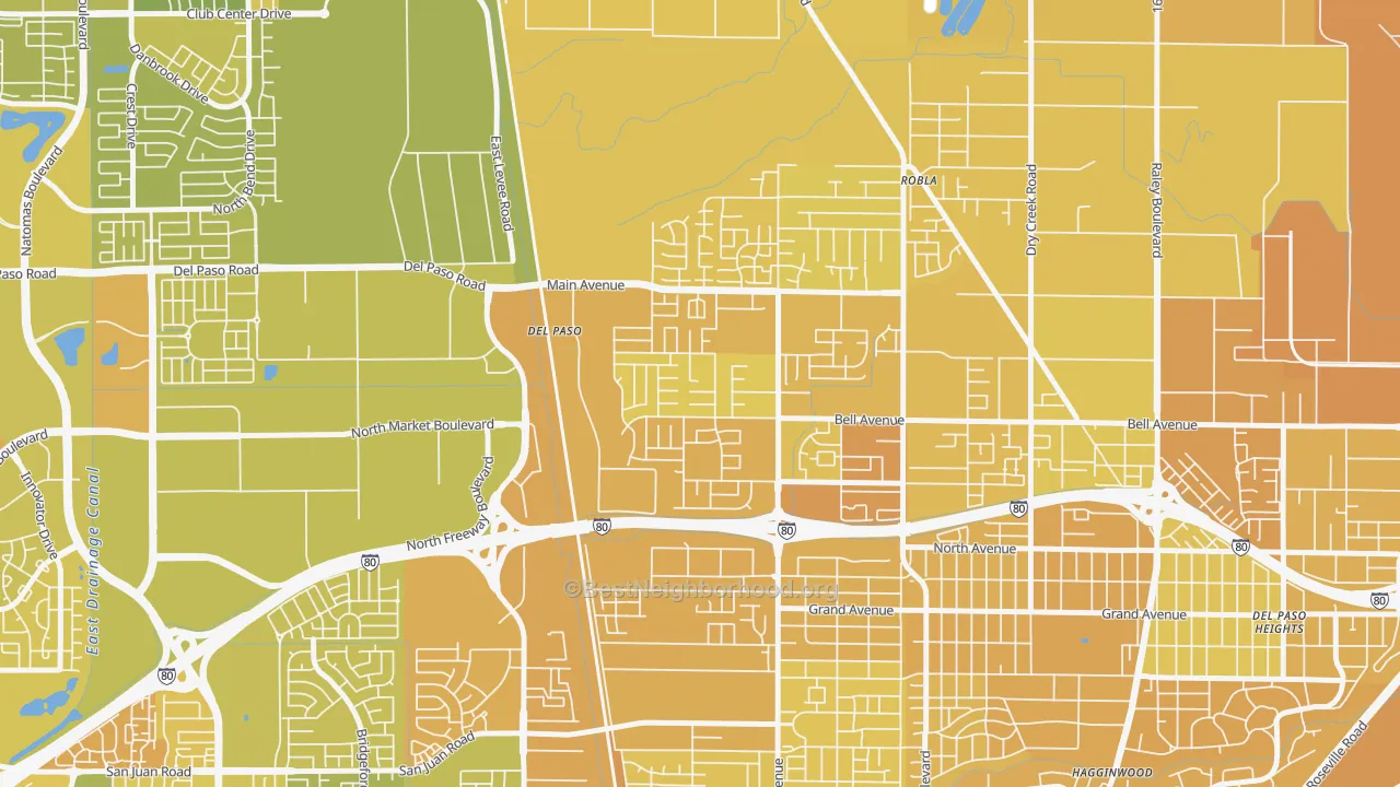 Map of the best neighborhoods in the Glenwood Meadows, Sacramento area, with better matches in green and worse matches in red