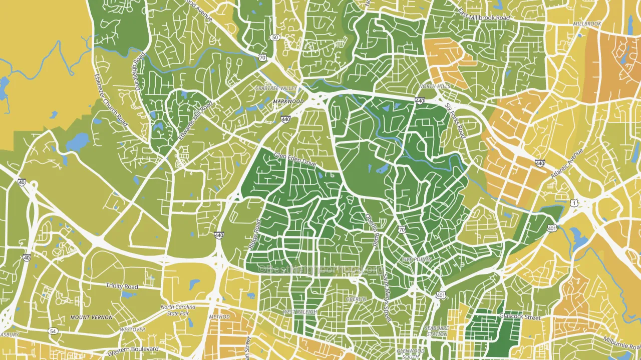 Map of the best neighborhoods in the Glenwood, Raleigh area, with better matches in green and worse matches in red