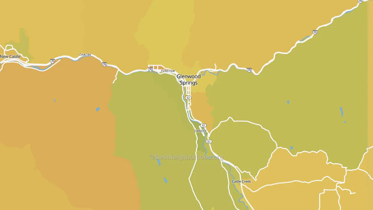 Map of the best neighborhoods in the Glenwood Springs area, with better matches in green and worse matches in red