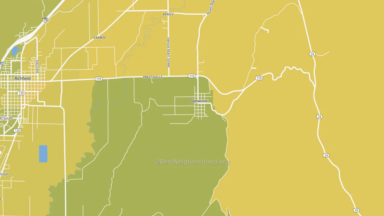 Map of the best neighborhoods in the Glenwood area, with better matches in green and worse matches in red
