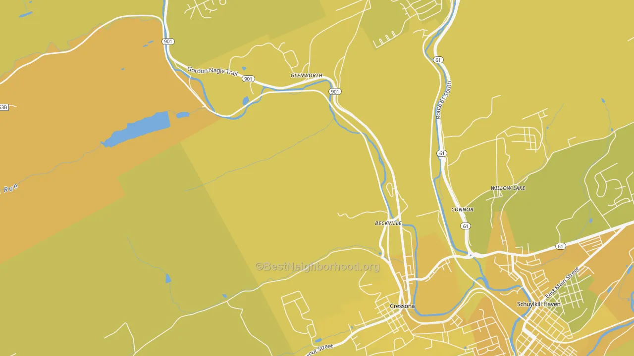 Map of the best neighborhoods in the Glenworth area, with better matches in green and worse matches in red