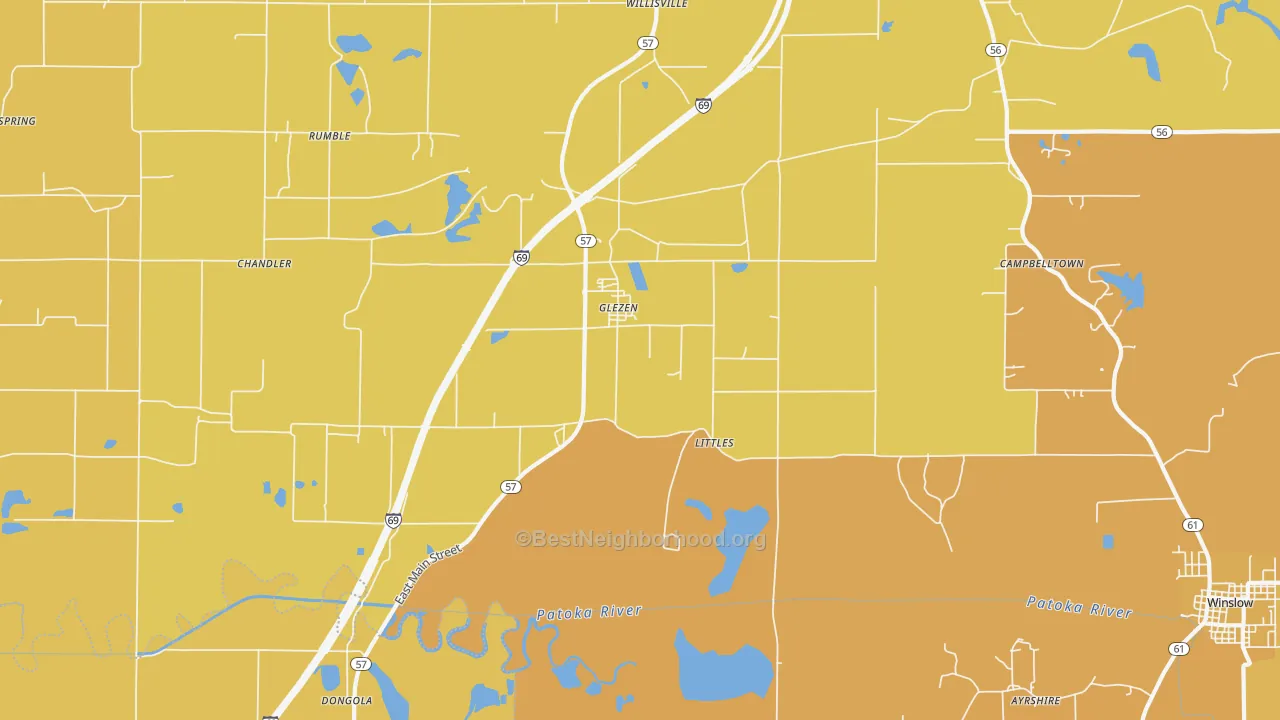 Map of the best neighborhoods in the Glezen area, with better matches in green and worse matches in red