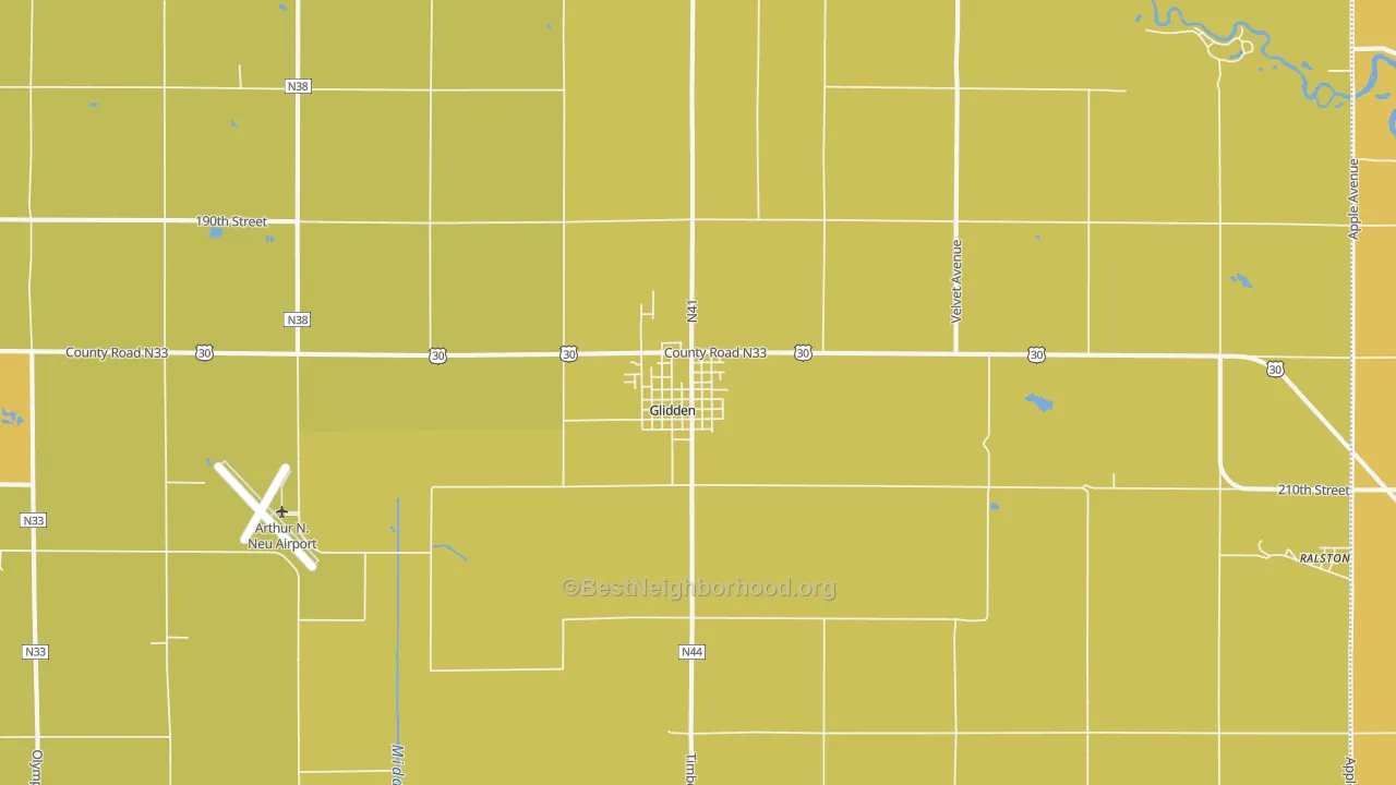 Map of the best neighborhoods in the Glidden area, with better matches in green and worse matches in red