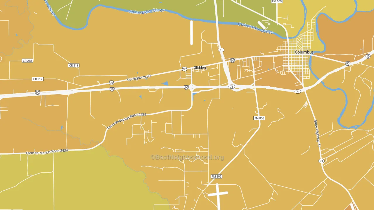 Map of the best neighborhoods in the Glidden area, with better matches in green and worse matches in red