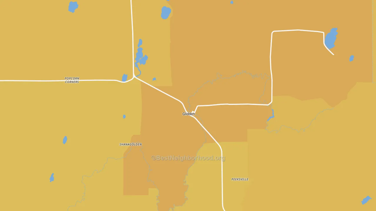 Map of the best neighborhoods in the Glidden area, with better matches in green and worse matches in red