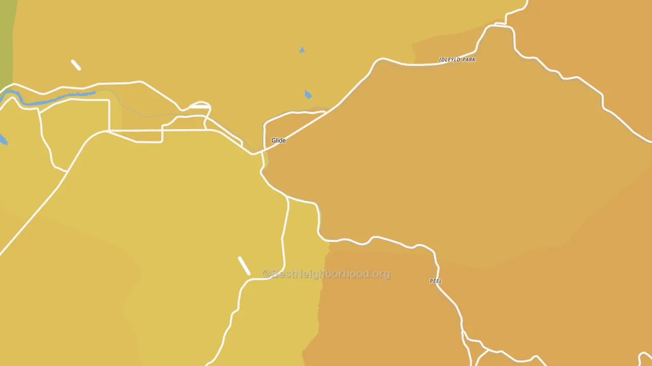 Map of the best neighborhoods in the Glide area, with better matches in green and worse matches in red