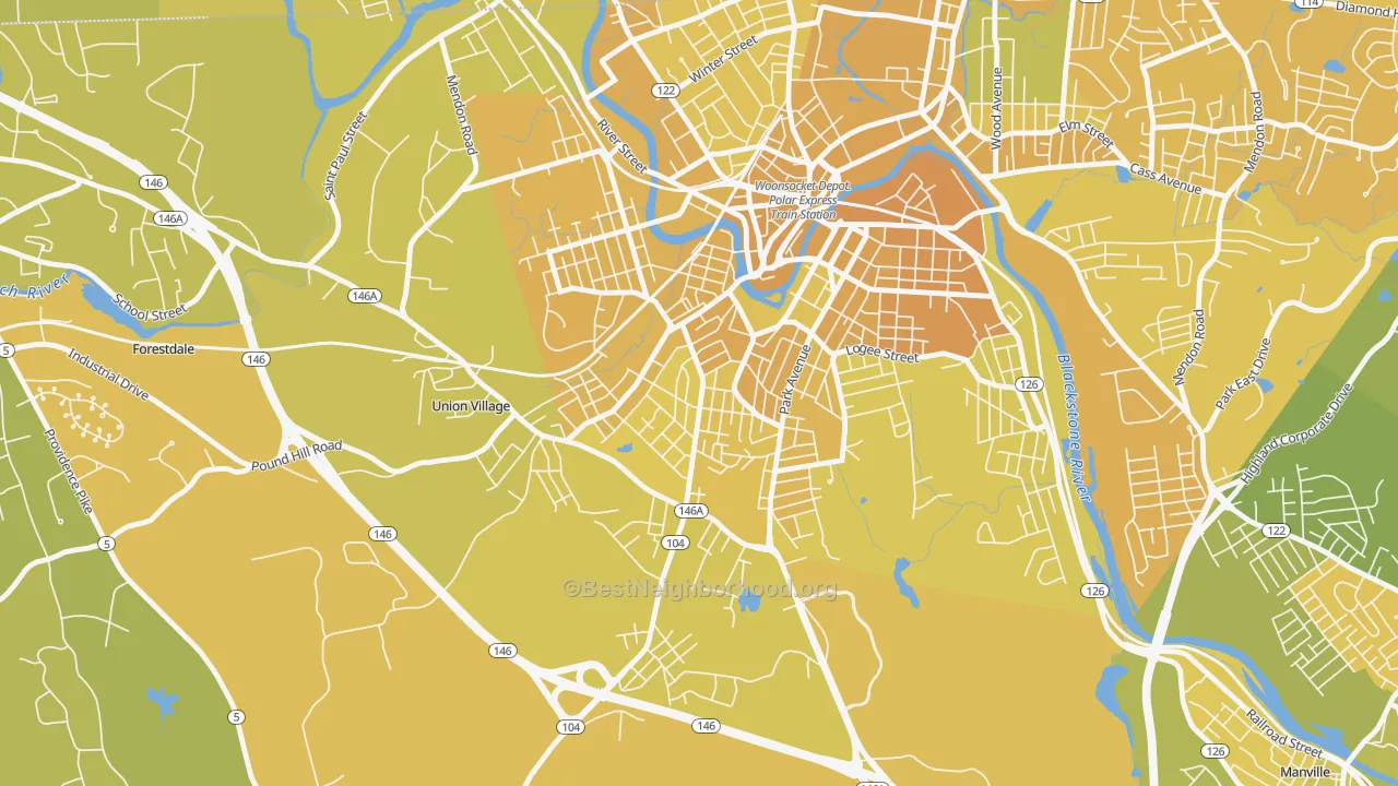 Map of the best neighborhoods in the Globe, Woonsocket area, with better matches in green and worse matches in red