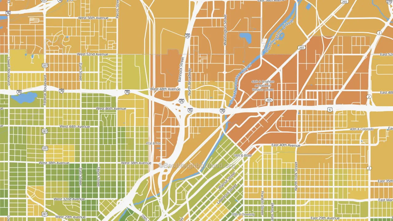 Map of the best neighborhoods in the Globeville, Denver area, with better matches in green and worse matches in red