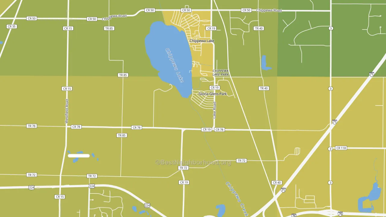 Map of the best neighborhoods in the Gloria Glens Park area, with better matches in green and worse matches in red