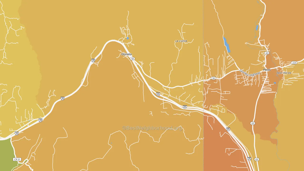 Map of the best neighborhoods in the Glorieta area, with better matches in green and worse matches in red