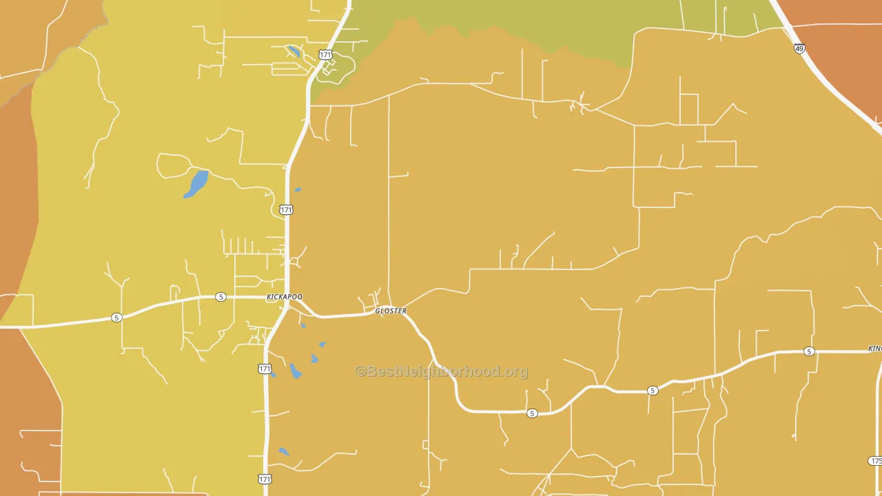 Map of the best neighborhoods in the Gloster area, with better matches in green and worse matches in red
