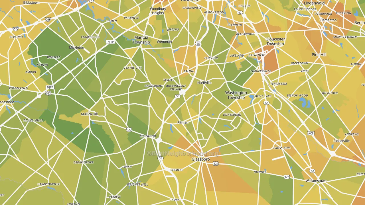Map of the best neighborhoods in the Gloucester County area, with better matches in green and worse matches in red