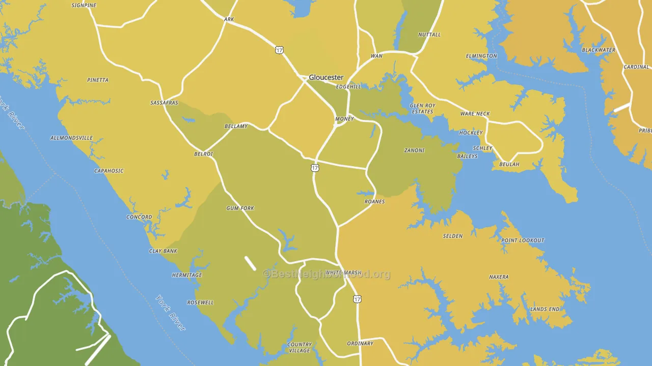 Map of the best neighborhoods in the Gloucester County area, with better matches in green and worse matches in red