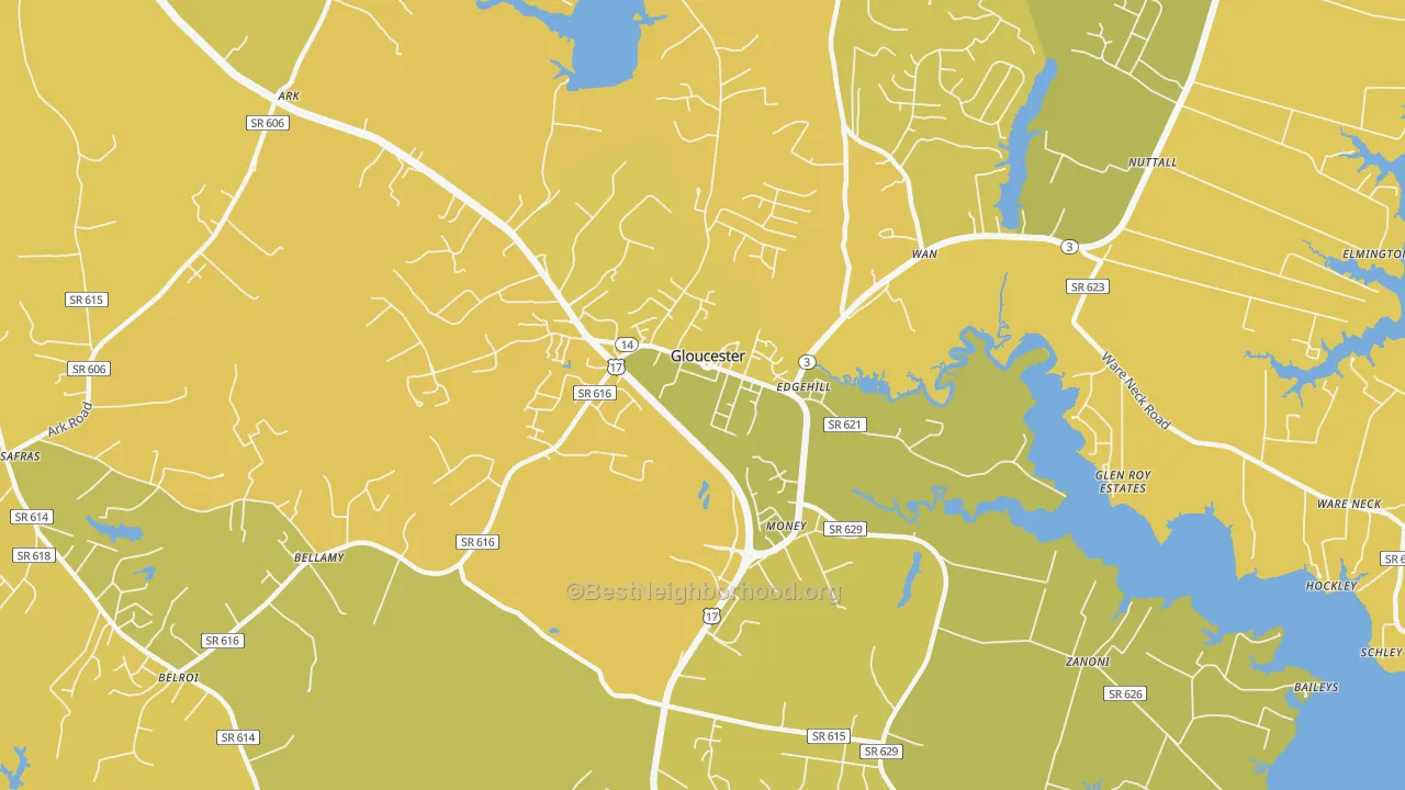 Map of the best neighborhoods in the Gloucester Courthouse area, with better matches in green and worse matches in red
