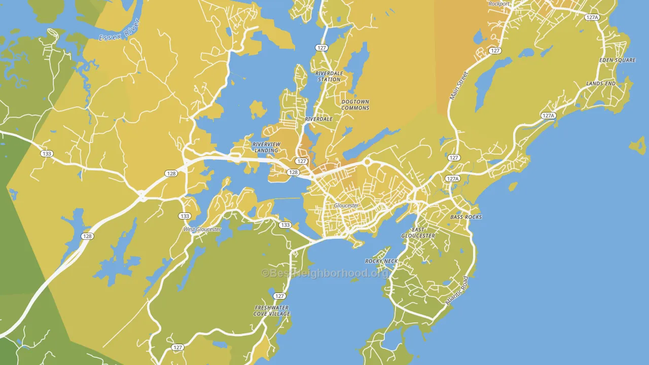 Map of the best neighborhoods in the Gloucester area, with better matches in green and worse matches in red