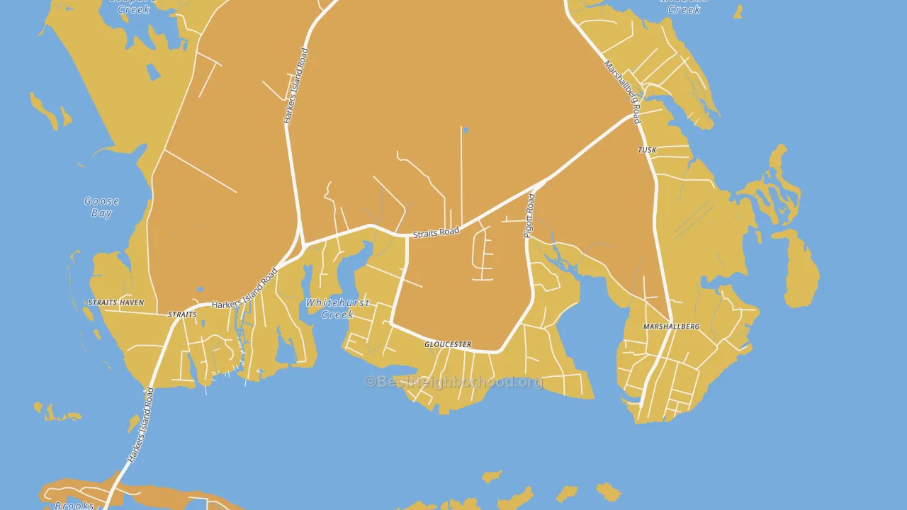 Map of the best neighborhoods in the Gloucester area, with better matches in green and worse matches in red