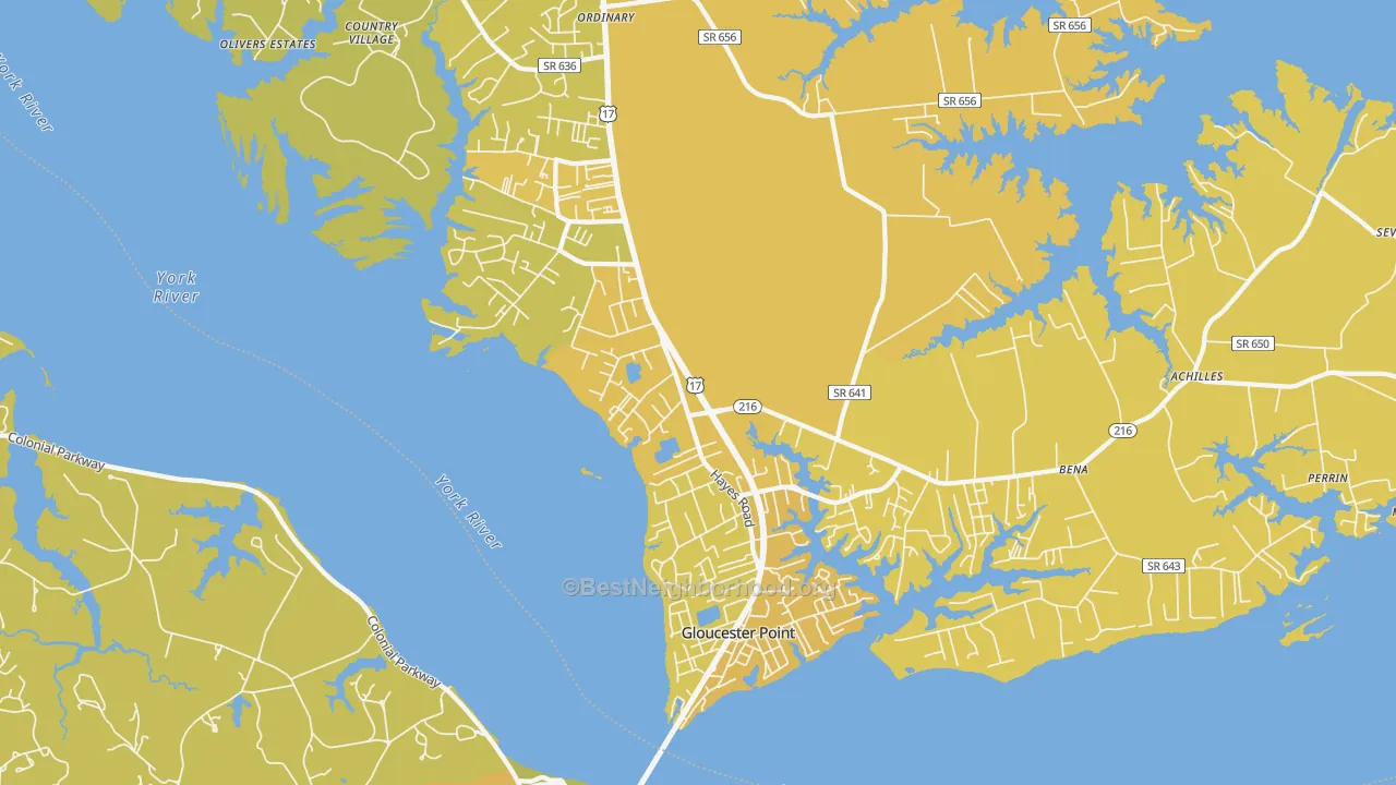 Map of the best neighborhoods in the Gloucester Point area, with better matches in green and worse matches in red