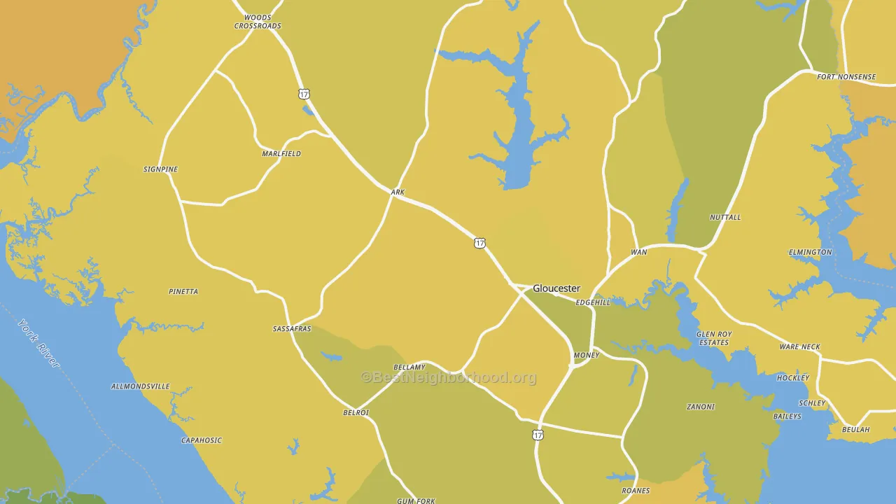 Map of the best neighborhoods in the Gloucester area, with better matches in green and worse matches in red
