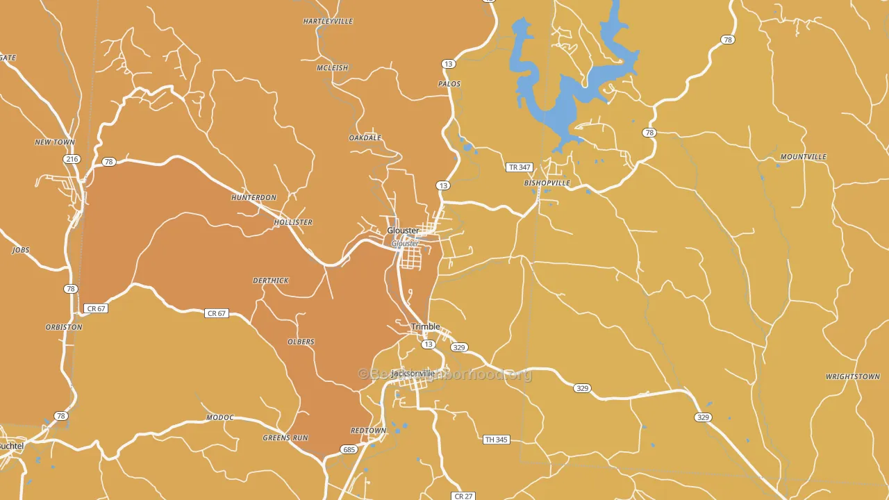 Map of the best neighborhoods in the Glouster area, with better matches in green and worse matches in red