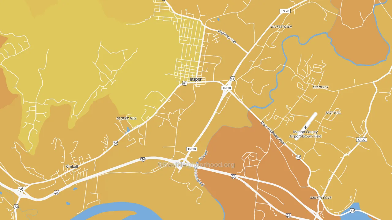 Map of the best neighborhoods in the Glover Hill area, with better matches in green and worse matches in red