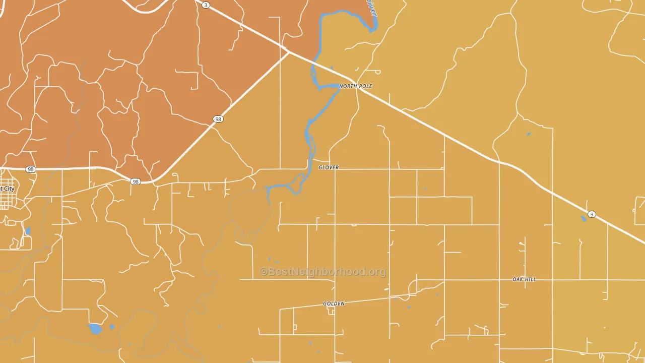Map of the best neighborhoods in the Glover area, with better matches in green and worse matches in red