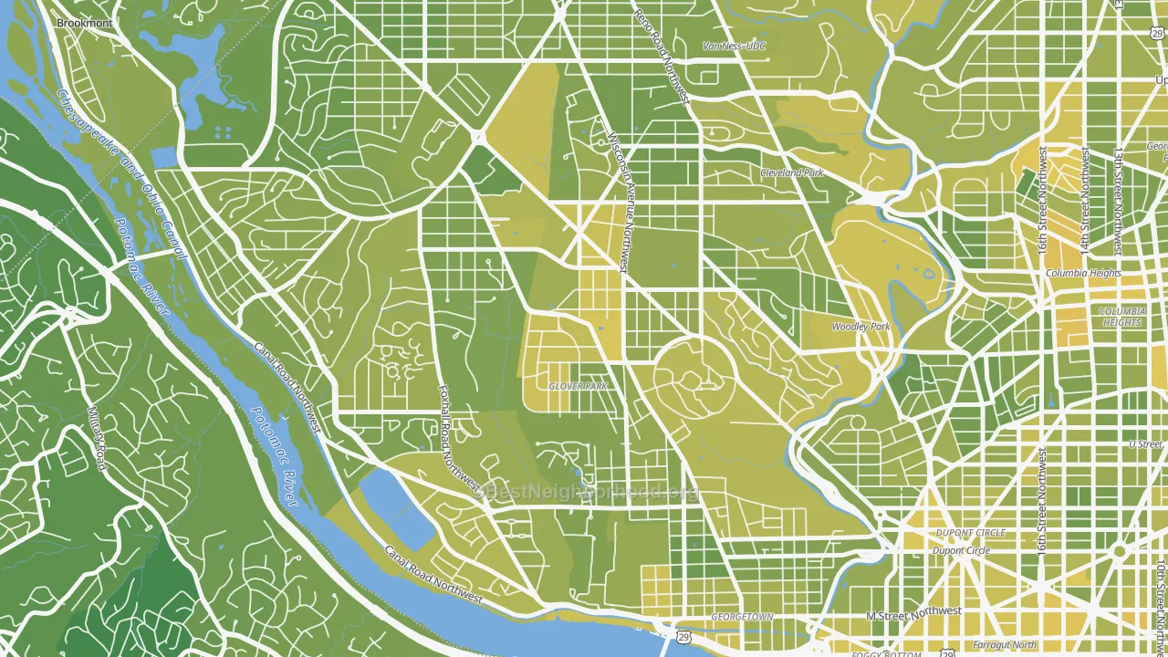 Map of the best neighborhoods in the Glover Park, Washington area, with better matches in green and worse matches in red